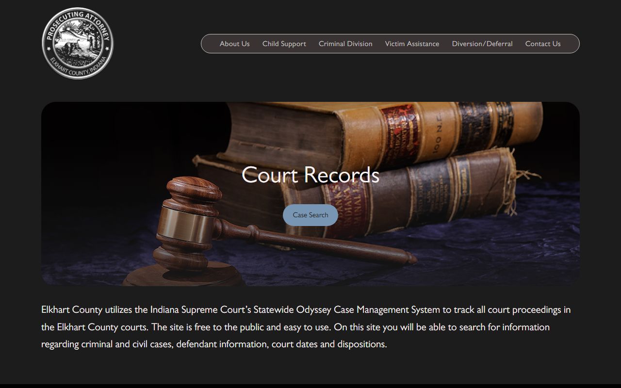 Elkhart County prosecutor court records page linking MyCase after jail arrest