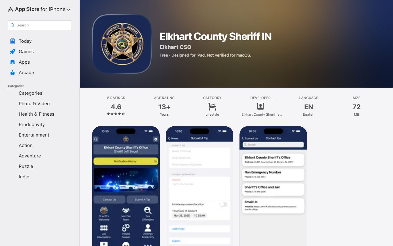 Elkhart County Sheriff IN app listing for inmate search and jail information